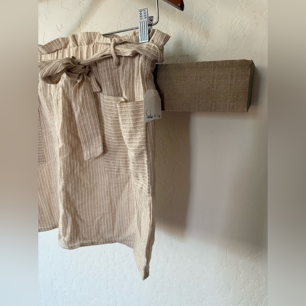 Sadie & Love|Beige Striped Paperbag Waist Skirt,neutral lightweigh,cotton linen - Picture 5 of 11